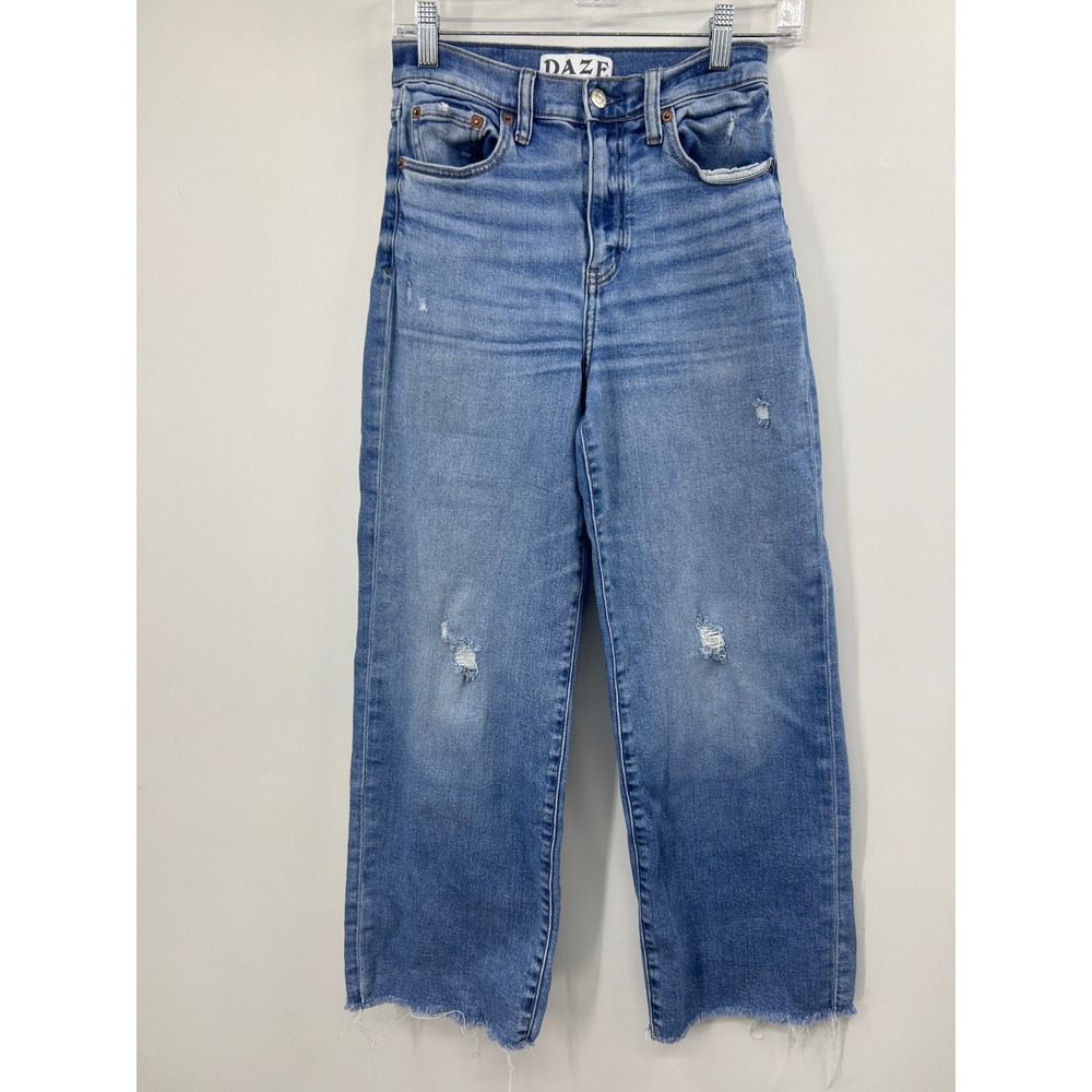Daze Denim High Rise Wide Leg Distressed Raw Hem Jeans Medium Wash Size 25
